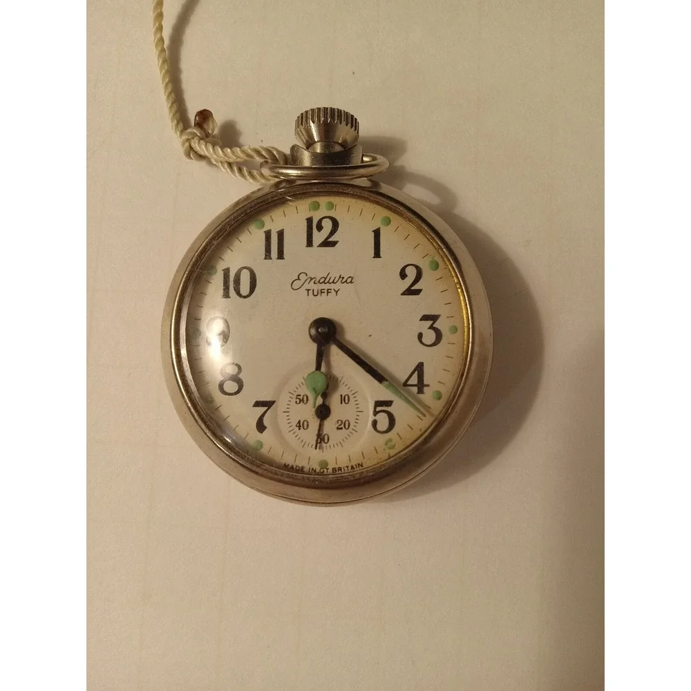 Vintage Endura Tuffy Pocket Watch 1960s Silver Tone Made in Great Britain Non-Op